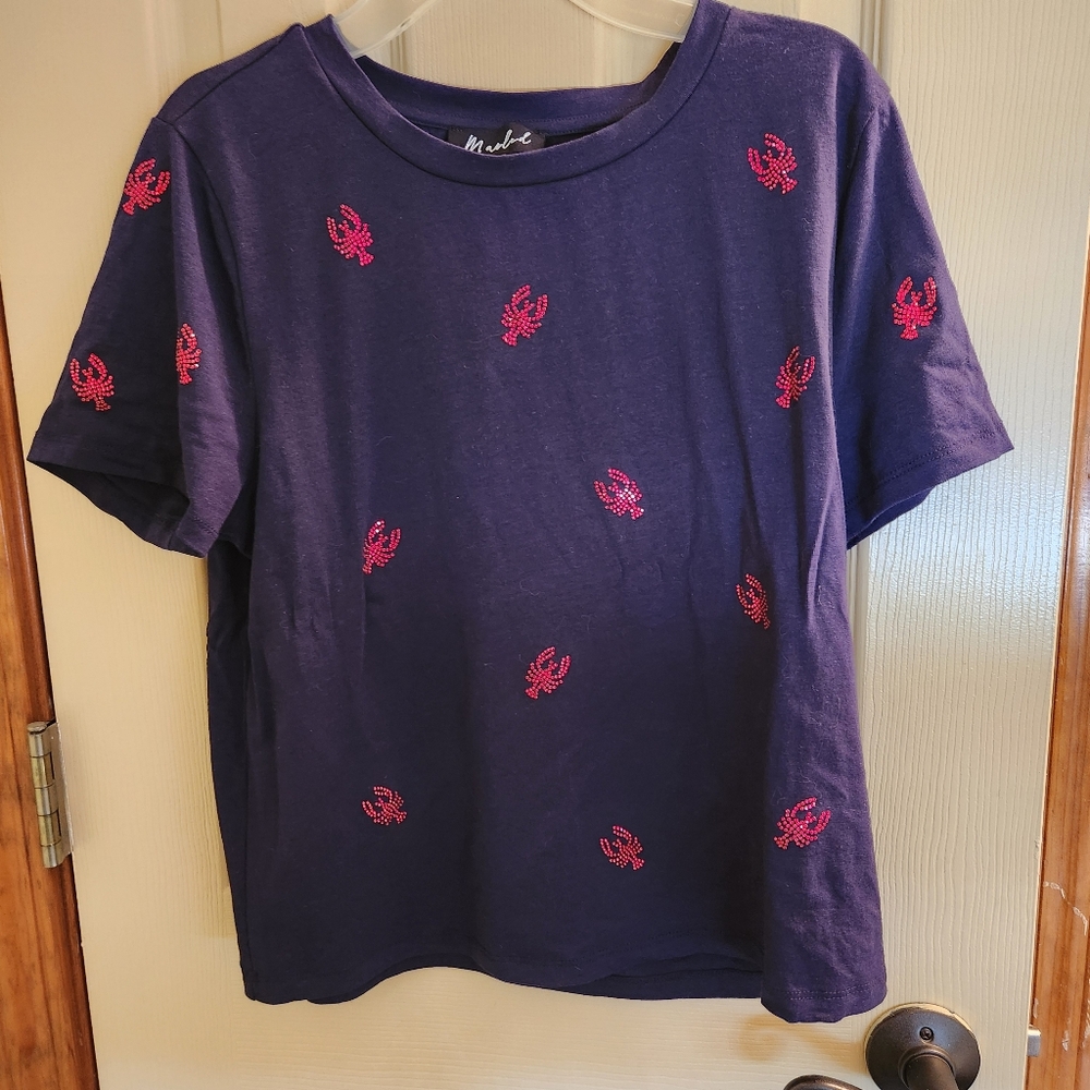 Marled Cropped Tshirt W/ Sparkly Lobsters Vacation Sz Medium
